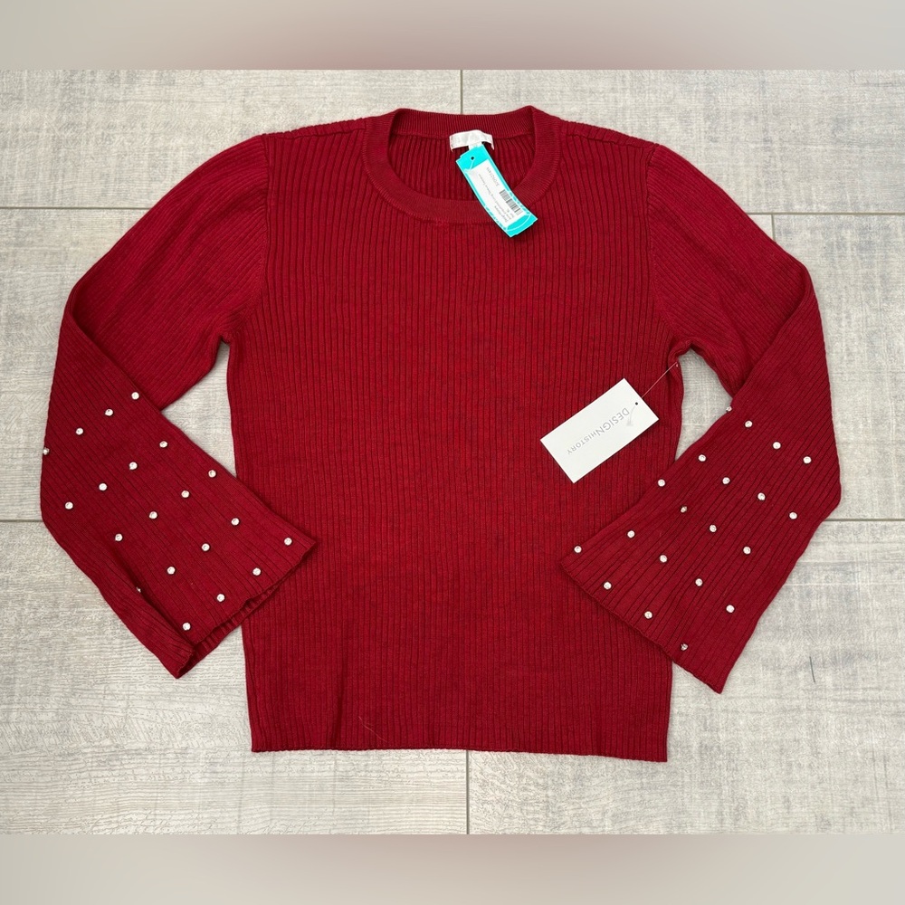 NWT Design History Embellished Bell Sleeve Red Ribbed Fitted Sweater XL